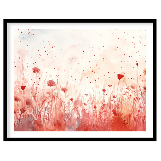 This delicate digital watercolor painting captures a serene meadow of crimson wildflowers against a… for home