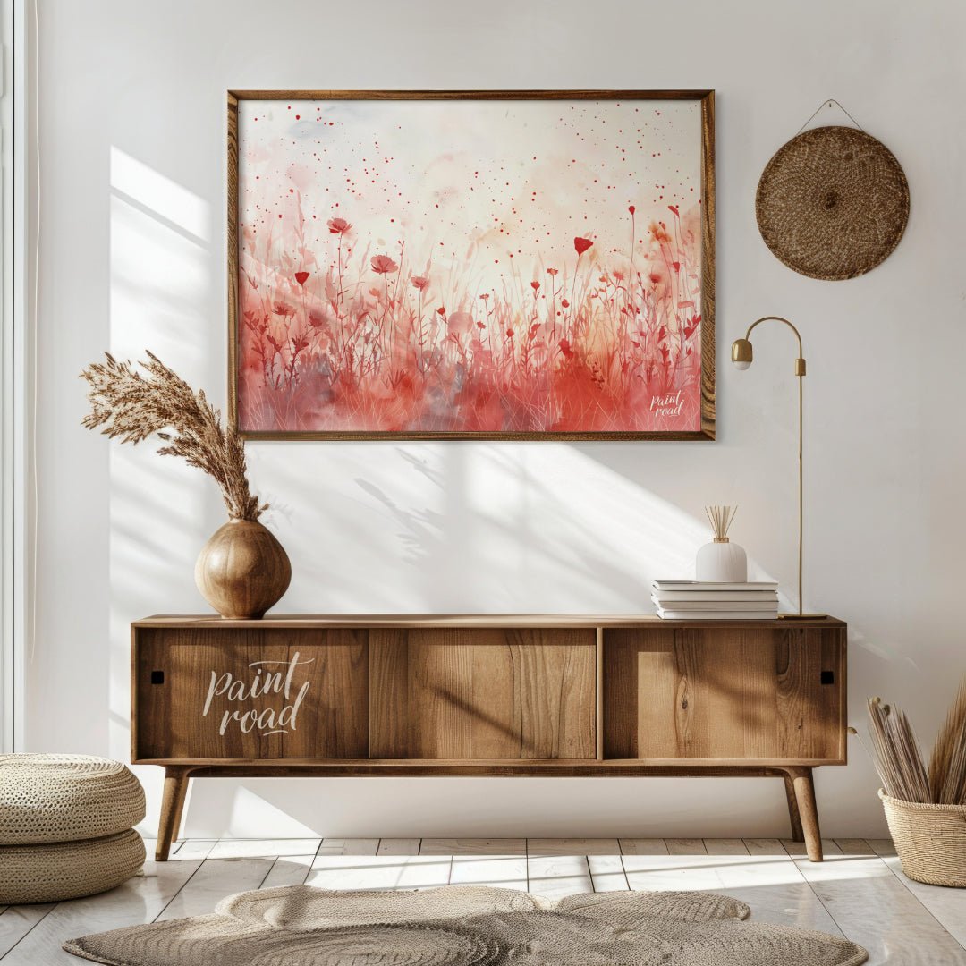 This delicate digital watercolor painting captures a serene meadow of crimson wildflowers against a… for living room