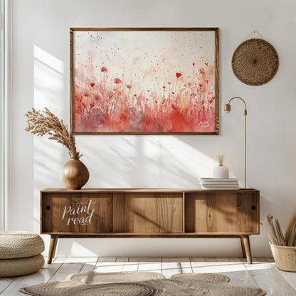 This delicate digital watercolor painting captures a serene meadow of crimson wildflowers against a… for living room