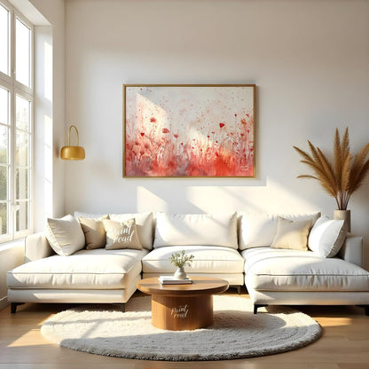This delicate digital watercolor painting captures a serene meadow of crimson wildflowers against a… for living room