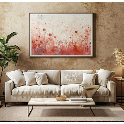 This delicate digital watercolor painting captures a serene meadow of crimson wildflowers against a… for living room