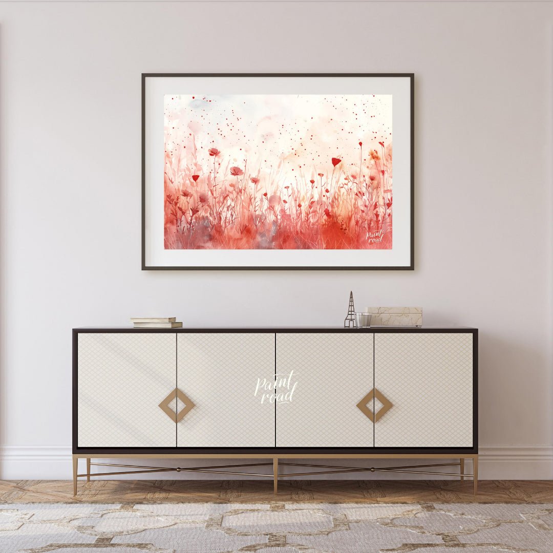 This delicate digital watercolor painting captures a serene meadow of crimson wildflowers against a… for living room