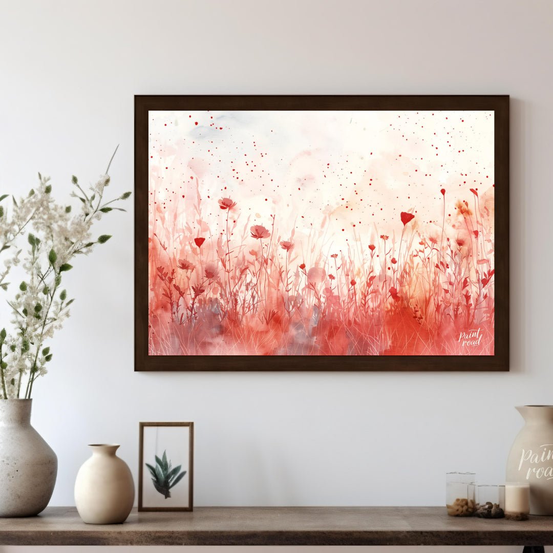 This delicate digital watercolor painting captures a serene meadow of crimson wildflowers against a… for living room