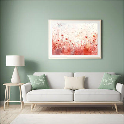 This delicate digital watercolor painting captures a serene meadow of crimson wildflowers against a… for living room