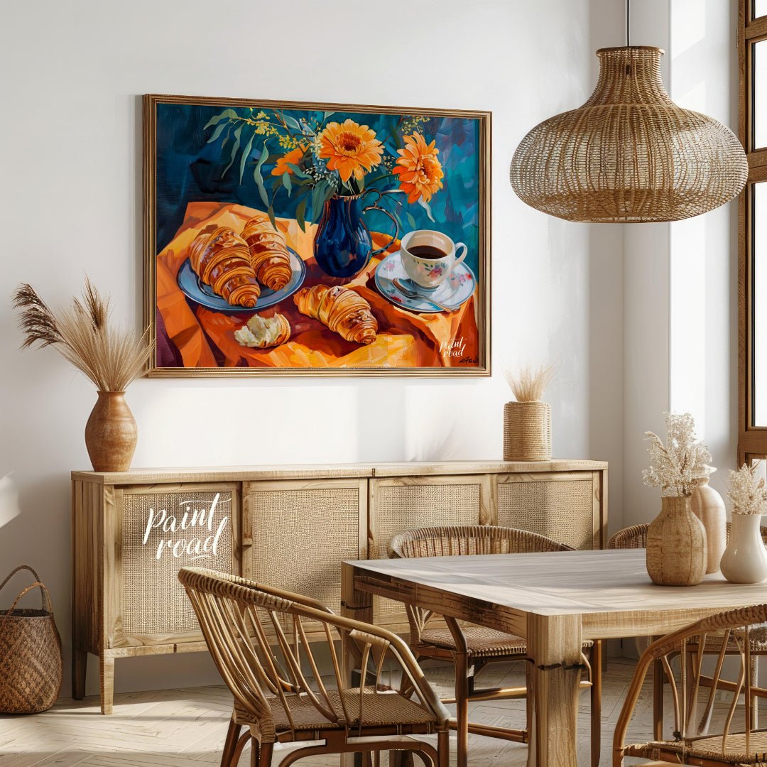 This vibrant still life painting captures a delightful morning scene with a breakfast of croissants… for dining room