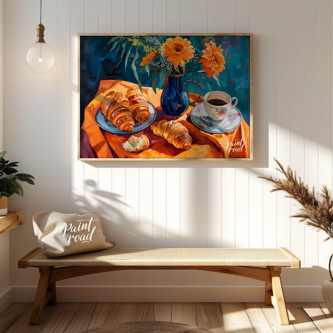This vibrant still life painting captures a delightful morning scene with a breakfast of croissants… for entryway