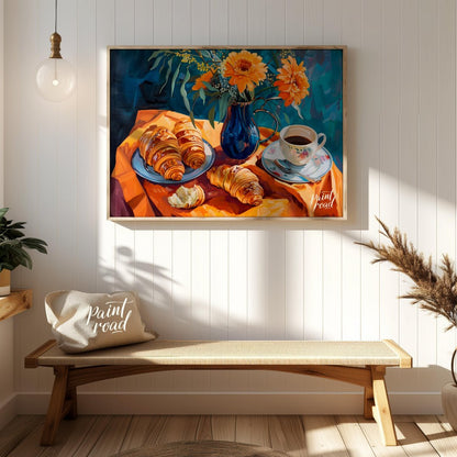 This vibrant still life painting captures a delightful morning scene with a breakfast of croissants… for entryway