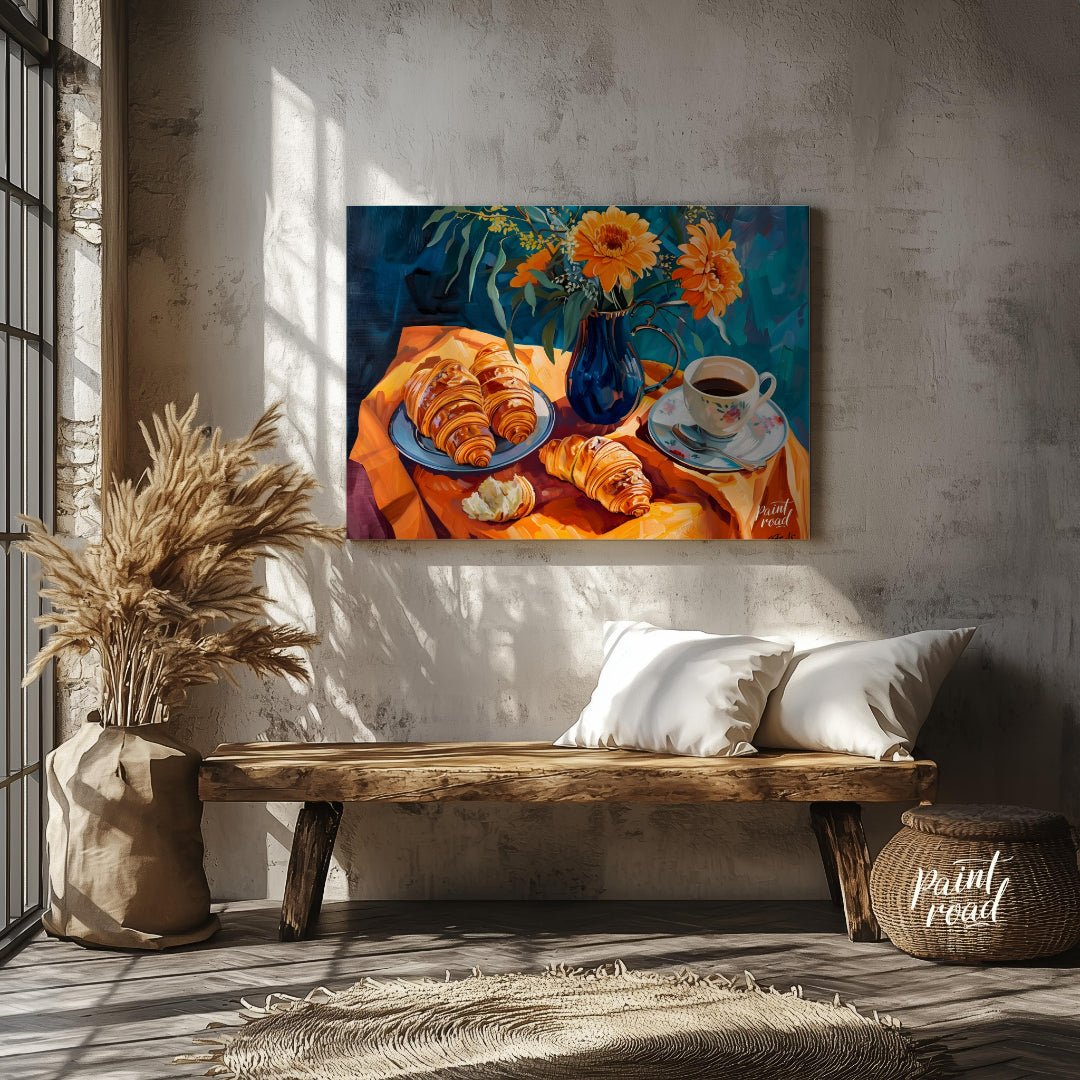 This vibrant still life painting captures a delightful morning scene with a breakfast of croissants… for entryway