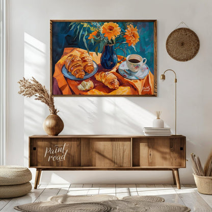 This vibrant still life painting captures a delightful morning scene with a breakfast of croissants… for living room