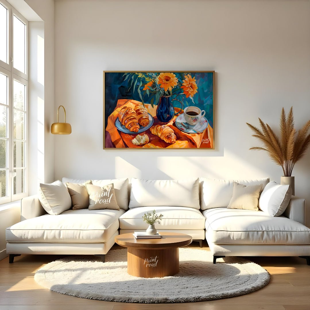 This vibrant still life painting captures a delightful morning scene with a breakfast of croissants… for living room