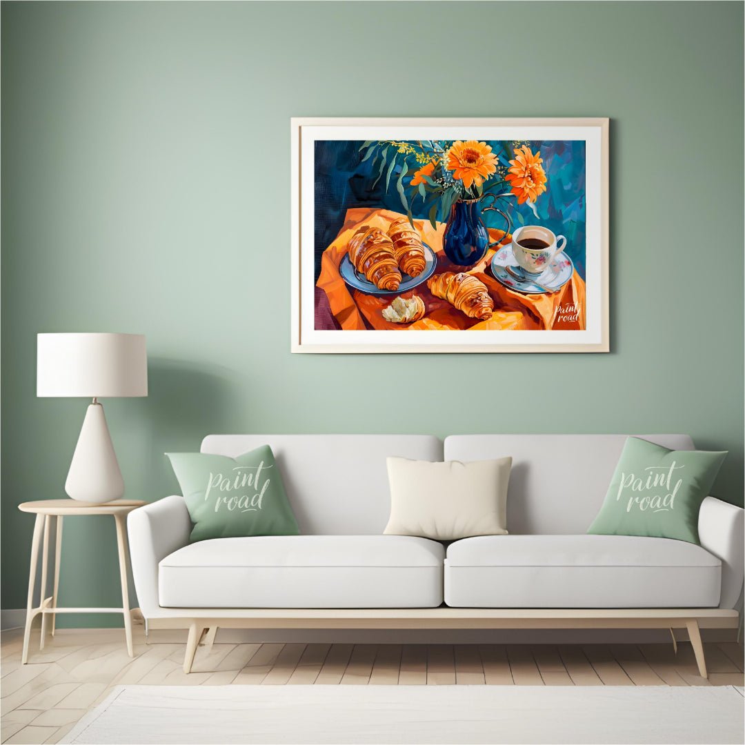 This vibrant still life painting captures a delightful morning scene with a breakfast of croissants… for living room