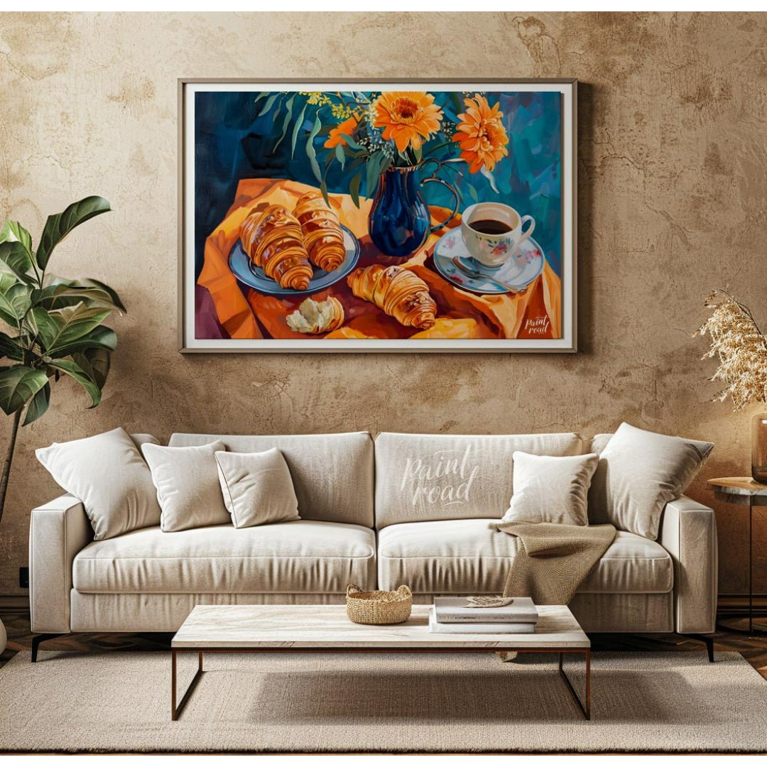 This vibrant still life painting captures a delightful morning scene with a breakfast of croissants… for living room
