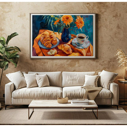 This vibrant still life painting captures a delightful morning scene with a breakfast of croissants… for living room