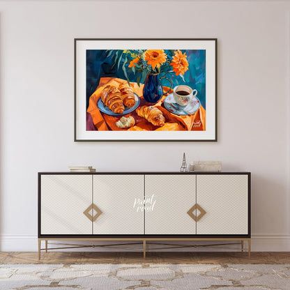 This vibrant still life painting captures a delightful morning scene with a breakfast of croissants… for living room