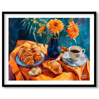 This vibrant still life painting captures a delightful morning scene with a breakfast of croissants… for lovely house
