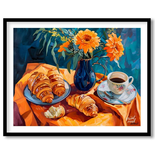 This vibrant still life painting captures a delightful morning scene with a breakfast of croissants… for lovely house