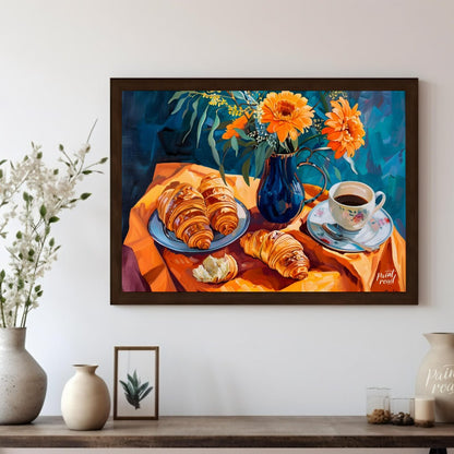 This vibrant still life painting captures a delightful morning scene with a breakfast of croissants… for other