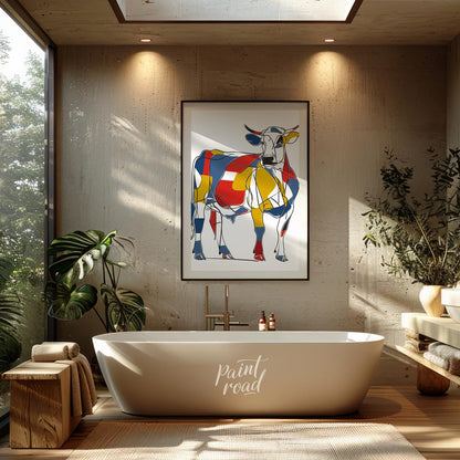 This striking artwork reimagines a cow through the lens of Cubism, featuring a bold and abstract co… for bathroom