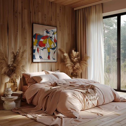 This striking artwork reimagines a cow through the lens of Cubism, featuring a bold and abstract co… for bedroom