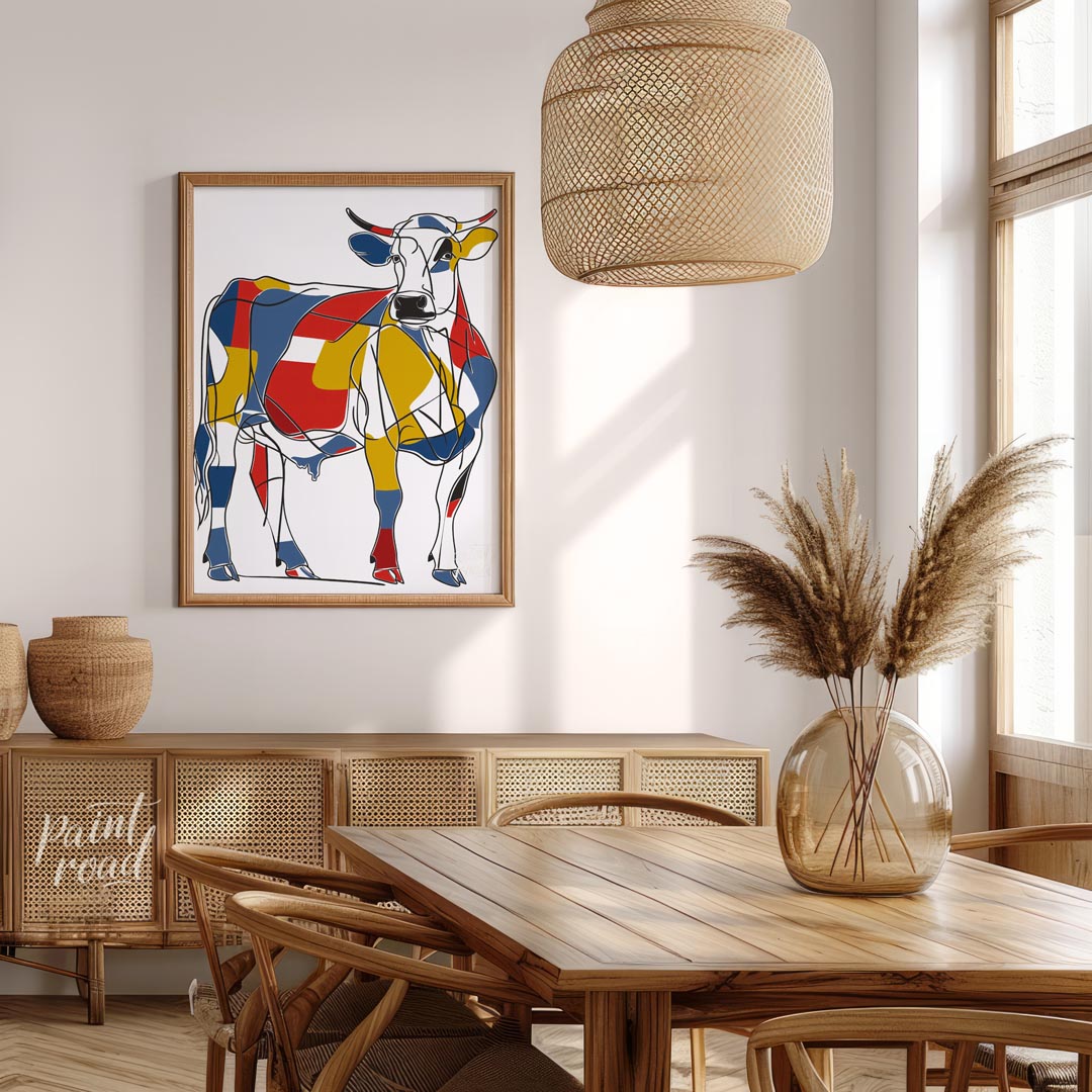 This striking artwork reimagines a cow through the lens of Cubism, featuring a bold and abstract co… for dining room