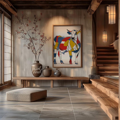 This striking artwork reimagines a cow through the lens of Cubism, featuring a bold and abstract co… for entryway