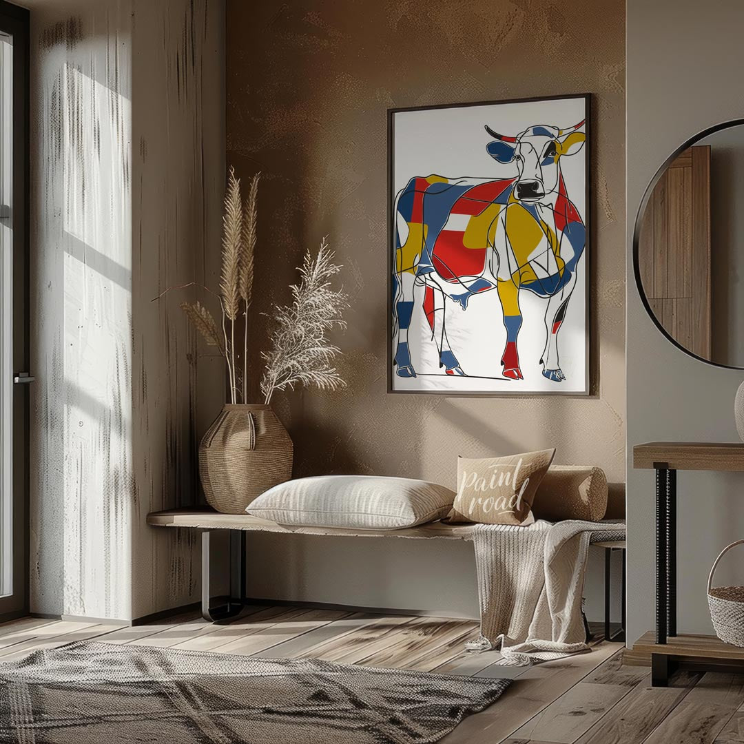 This striking artwork reimagines a cow through the lens of Cubism, featuring a bold and abstract co… for entryway