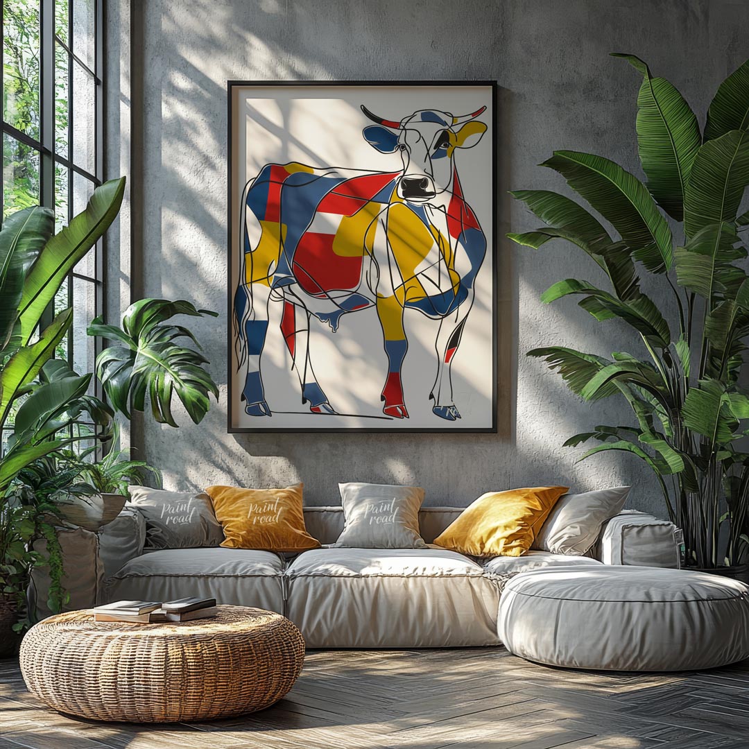 This striking artwork reimagines a cow through the lens of Cubism, featuring a bold and abstract co… for living room
