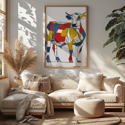 This striking artwork reimagines a cow through the lens of Cubism, featuring a bold and abstract co… for living room