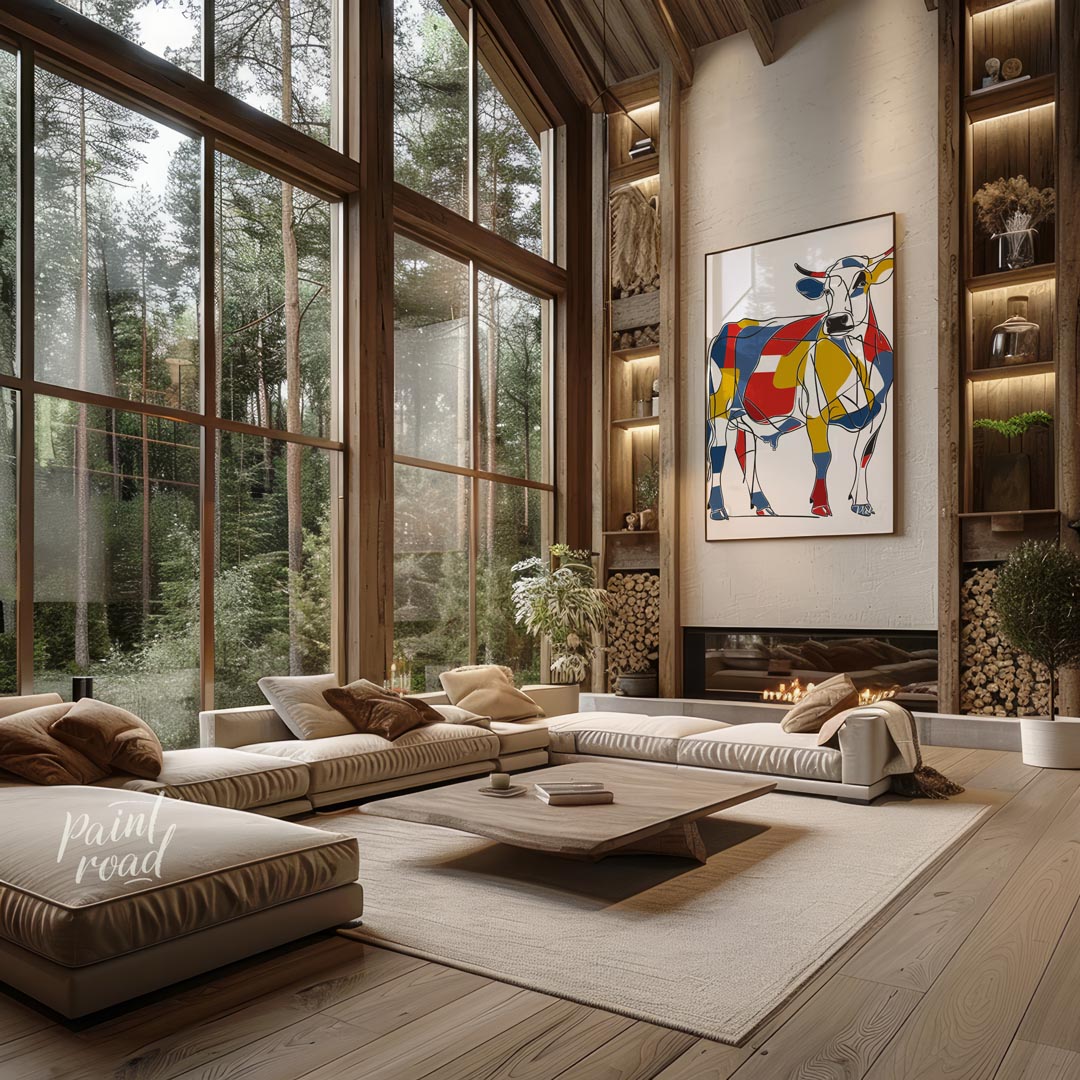 This striking artwork reimagines a cow through the lens of Cubism, featuring a bold and abstract co… for living room