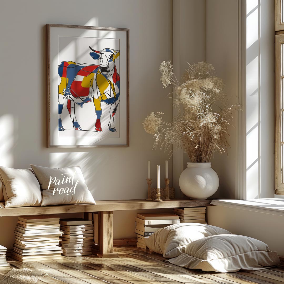This striking artwork reimagines a cow through the lens of Cubism, featuring a bold and abstract co… for living room