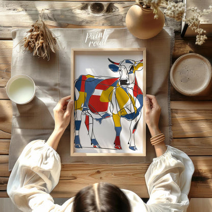 This striking artwork reimagines a cow through the lens of Cubism, featuring a bold and abstract co… for other