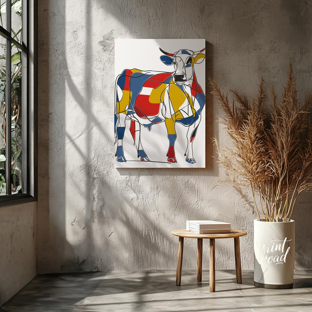This striking artwork reimagines a cow through the lens of Cubism, featuring a bold and abstract co… for other