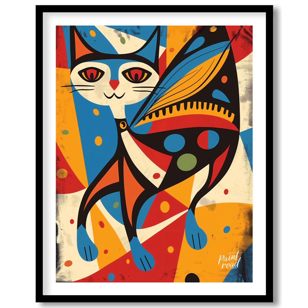 This vibrant and abstract digital illustration features a stylized cat integrated with butterfly wi… for area