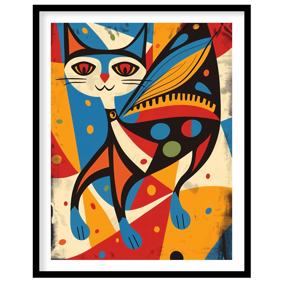 This vibrant and abstract digital illustration features a stylized cat integrated with butterfly wi… for area