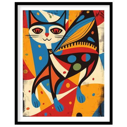 This vibrant and abstract digital illustration features a stylized cat integrated with butterfly wi… for area