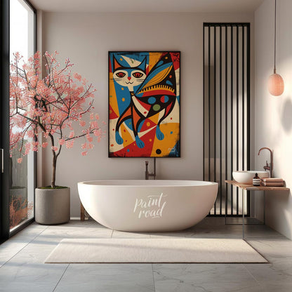 This vibrant and abstract digital illustration features a stylized cat integrated with butterfly wi… for bathroom