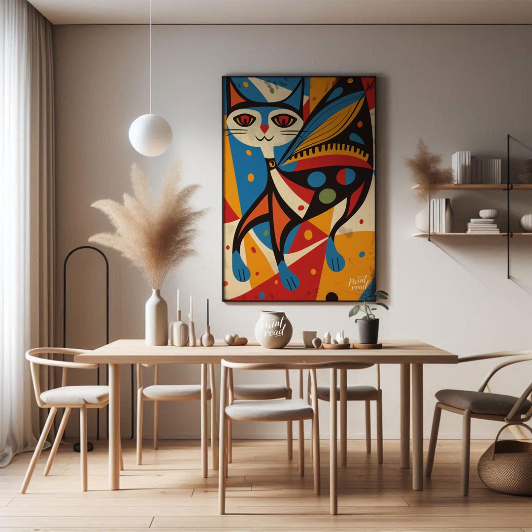 This vibrant and abstract digital illustration features a stylized cat integrated with butterfly wi… for dining room