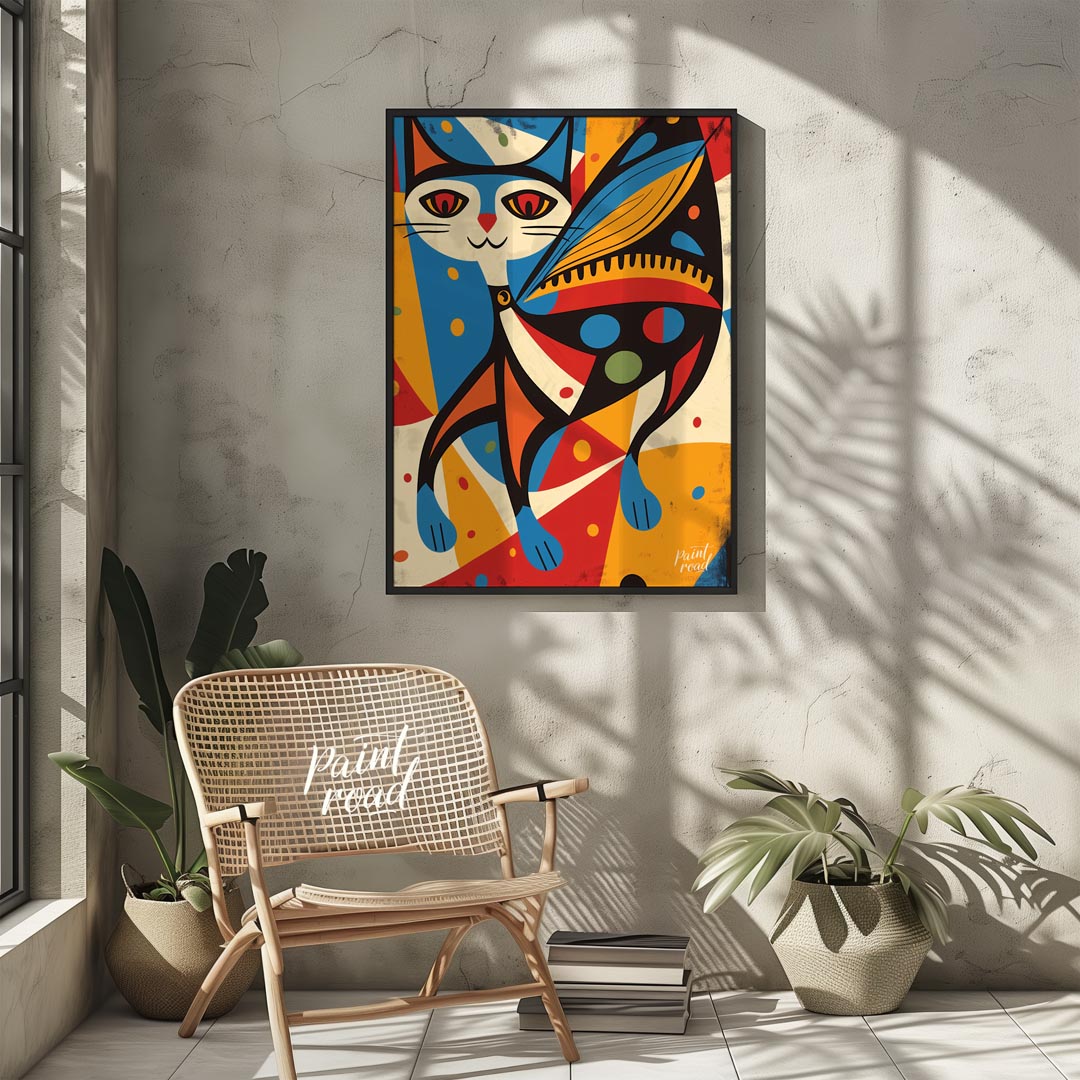 This vibrant and abstract digital illustration features a stylized cat integrated with butterfly wi… for living room