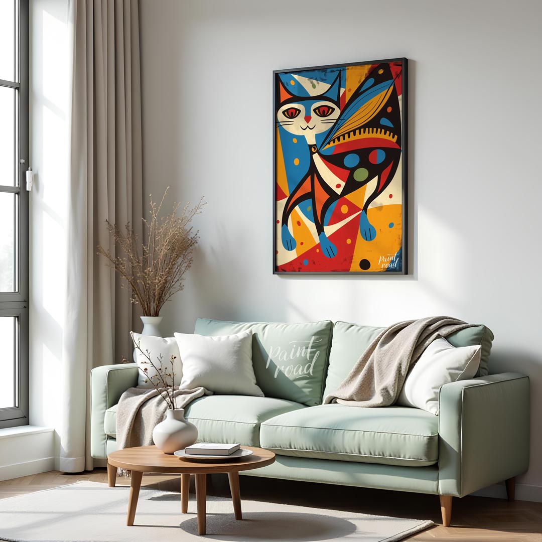 This vibrant and abstract digital illustration features a stylized cat integrated with butterfly wi… for living room