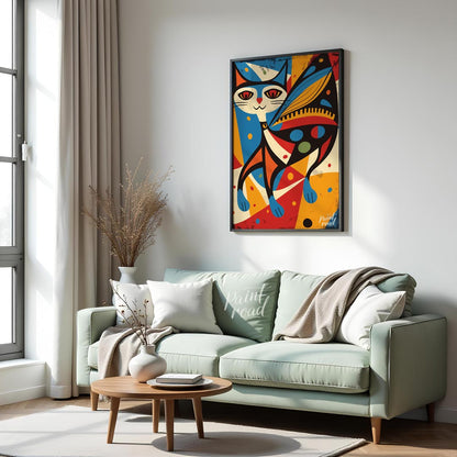 This vibrant and abstract digital illustration features a stylized cat integrated with butterfly wi… for living room