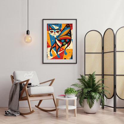 This vibrant and abstract digital illustration features a stylized cat integrated with butterfly wi… for living room