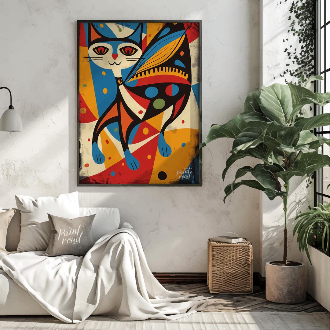 This vibrant and abstract digital illustration features a stylized cat integrated with butterfly wi… for living room