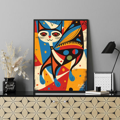 This vibrant and abstract digital illustration features a stylized cat integrated with butterfly wi… for office