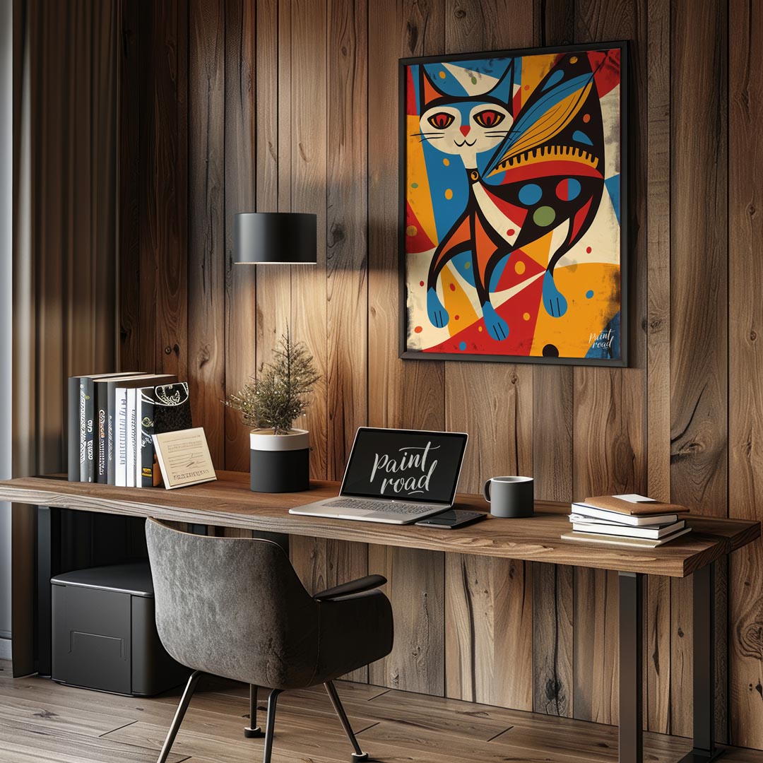 This vibrant and abstract digital illustration features a stylized cat integrated with butterfly wi… for office