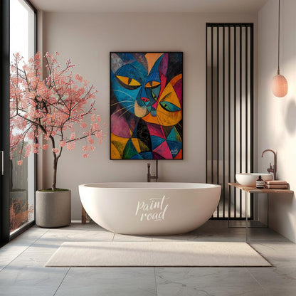 This striking and bold abstract painting features two stylized cats in a cubist-inspired manner, wi… for bathroom