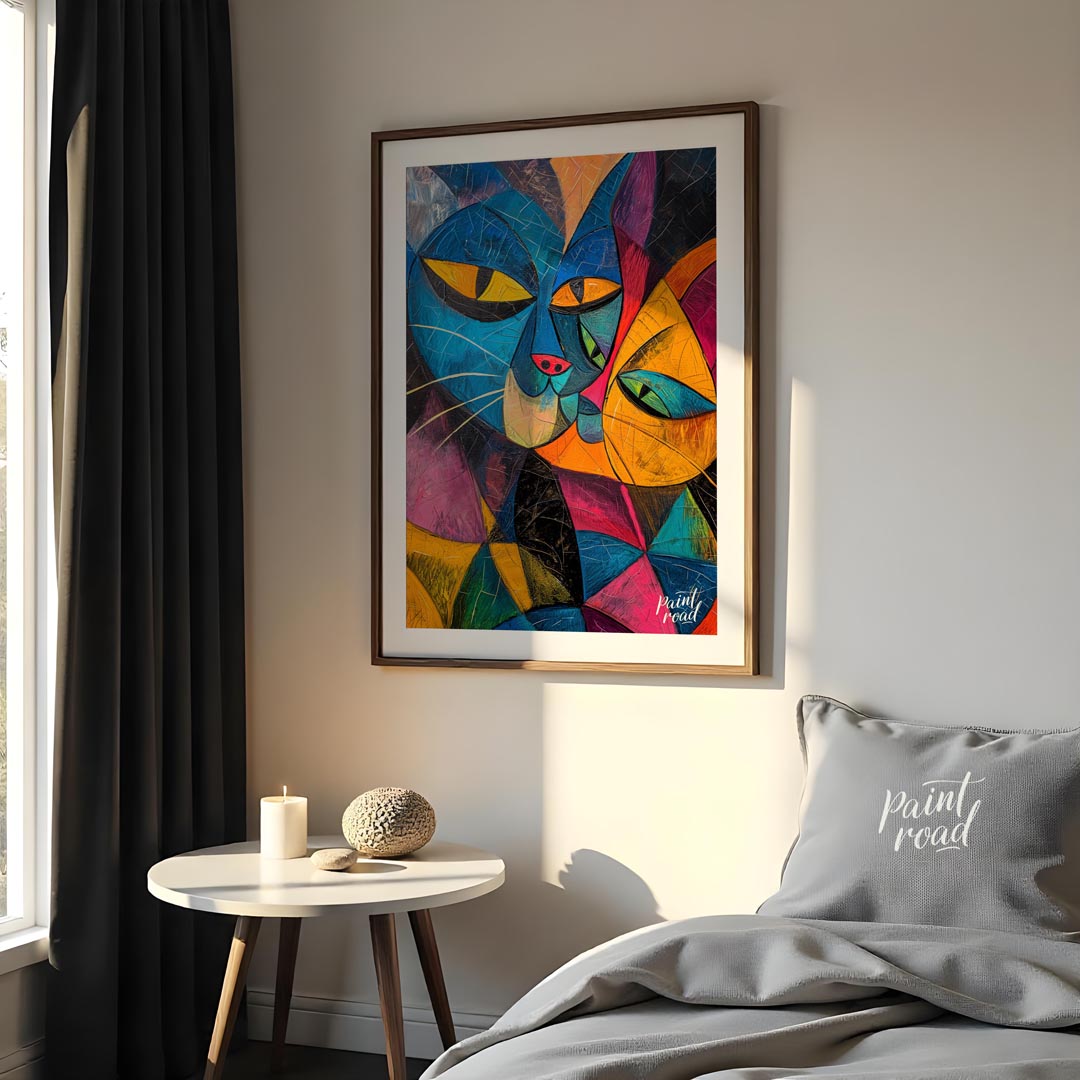 This striking and bold abstract painting features two stylized cats in a cubist-inspired manner, wi… for bedroom