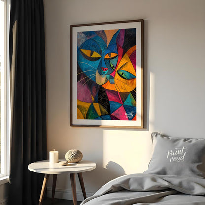 This striking and bold abstract painting features two stylized cats in a cubist-inspired manner, wi… for bedroom