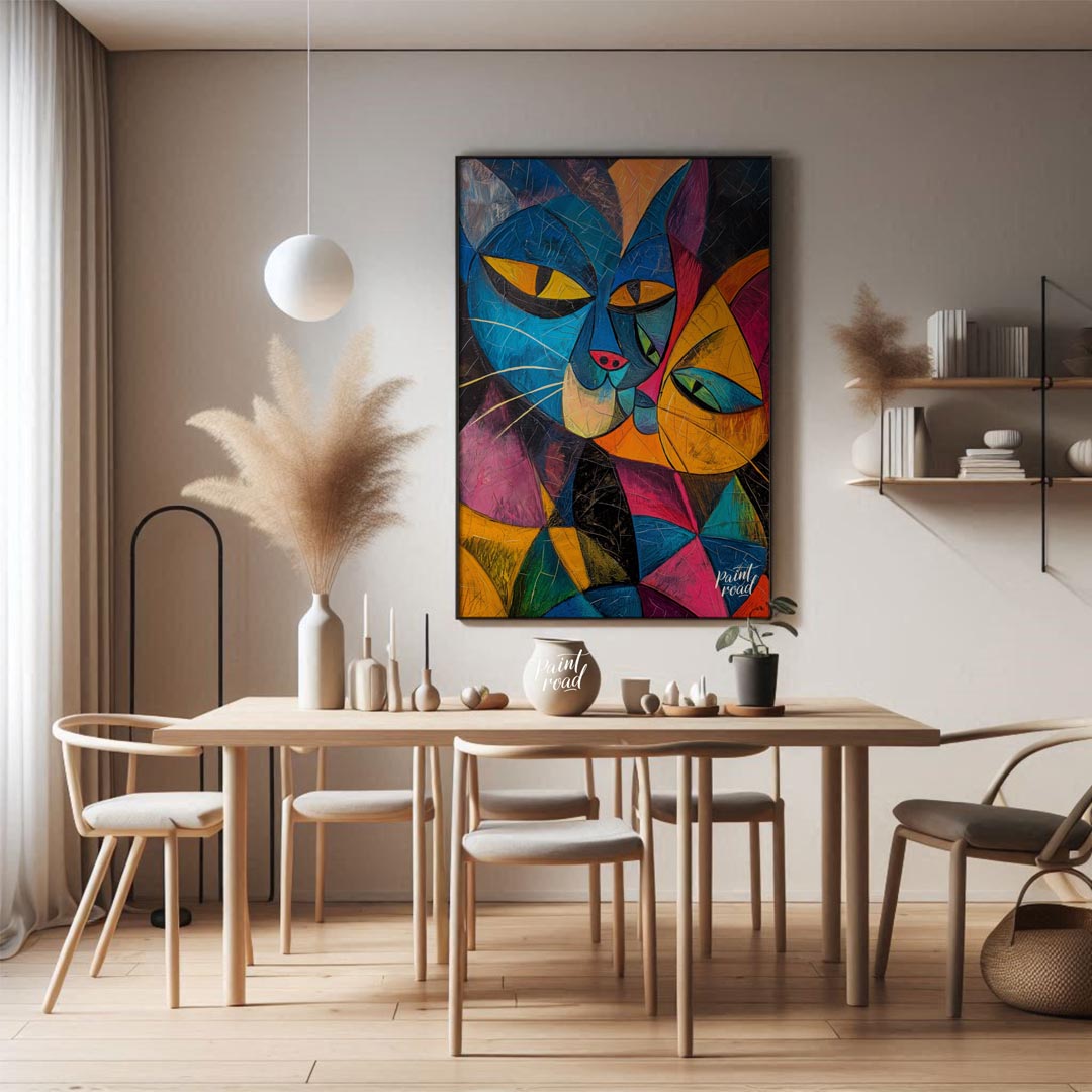 This striking and bold abstract painting features two stylized cats in a cubist-inspired manner, wi… for dining room