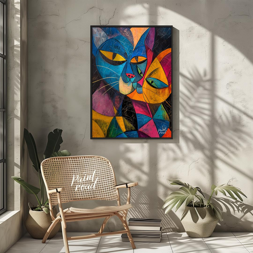 This striking and bold abstract painting features two stylized cats in a cubist-inspired manner, wi… for living room