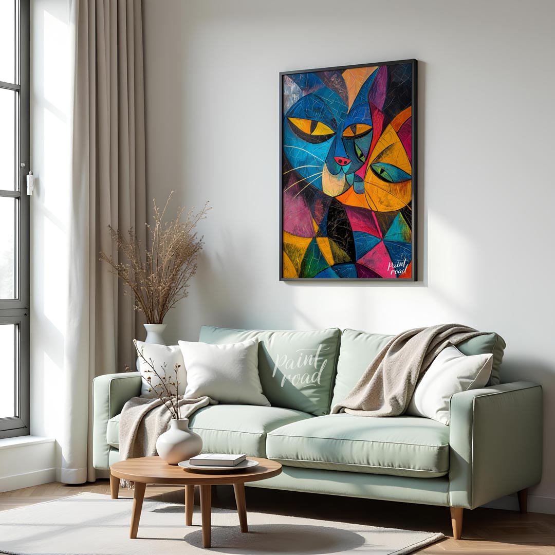 This striking and bold abstract painting features two stylized cats in a cubist-inspired manner, wi… for living room